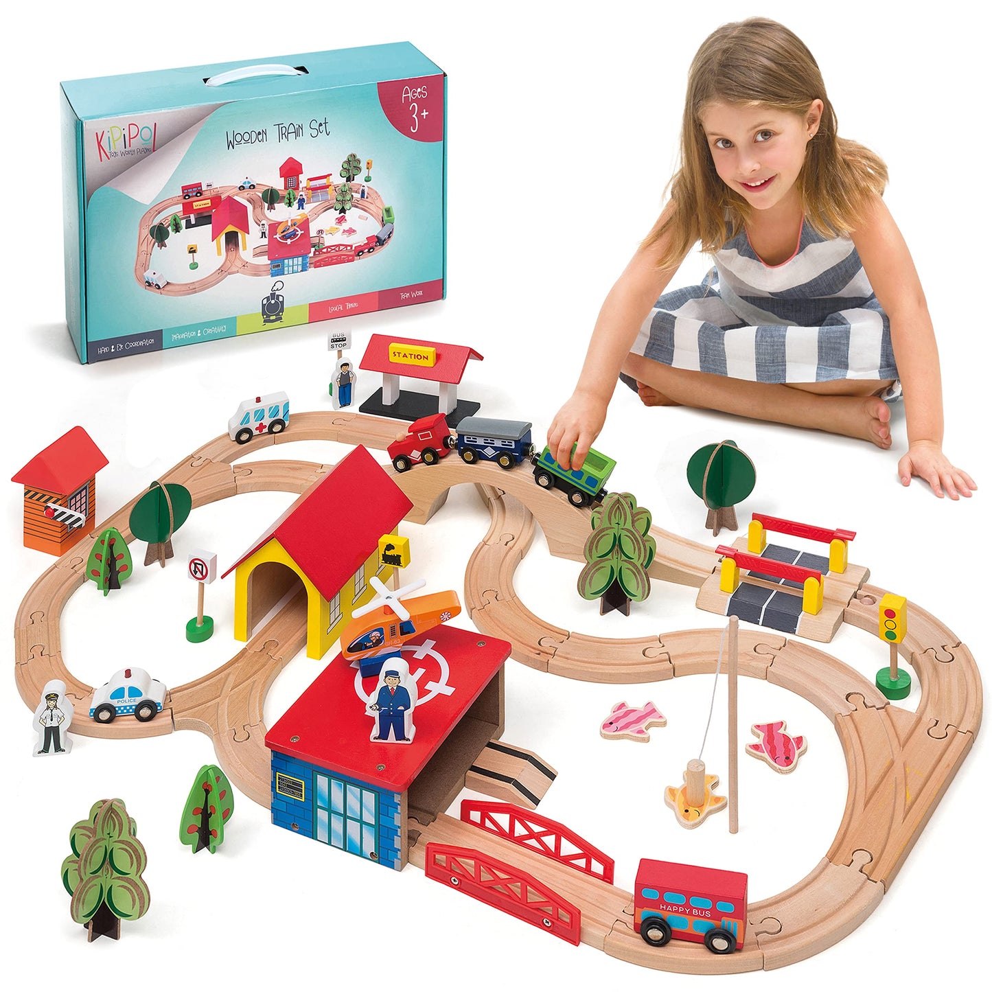 KipiPol Wooden Train Set - 69 Pieces Wooden Train Tracks & Trains for Kids  Toddler Boys and Girls 3 4 5 Years Old and Up- enhanced Wood Construction Toys -Fits Thomas  Brio  IKEA  Melissa and Doug