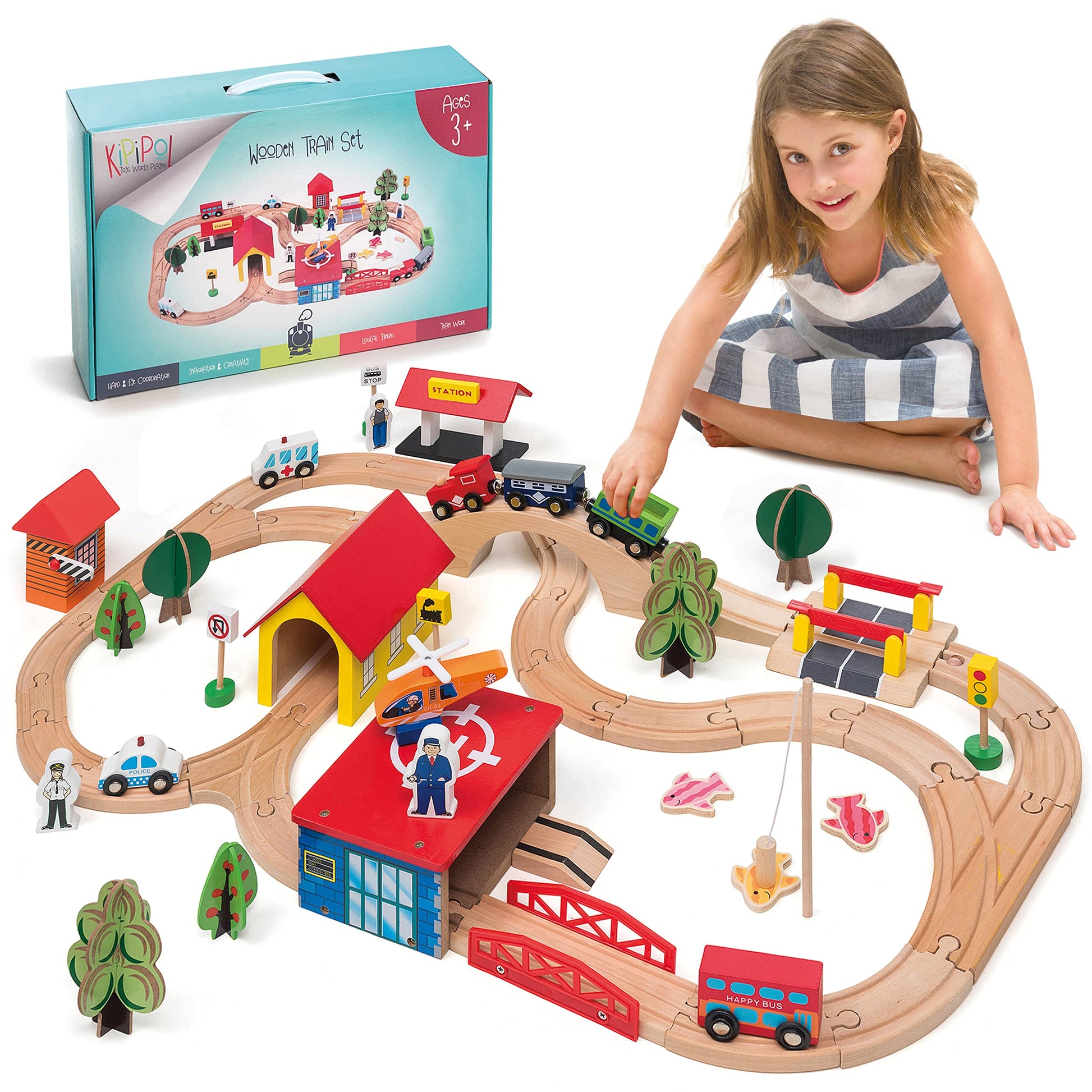 KipiPol Wooden Train Set - 69 Pieces Wooden Train Tracks & Trains for Kids  Toddler Boys and Girls 3 4 5 Years Old and Up- enhanced Wood Construction Toys -Fits Thomas  Brio  IKEA  Melissa and Doug