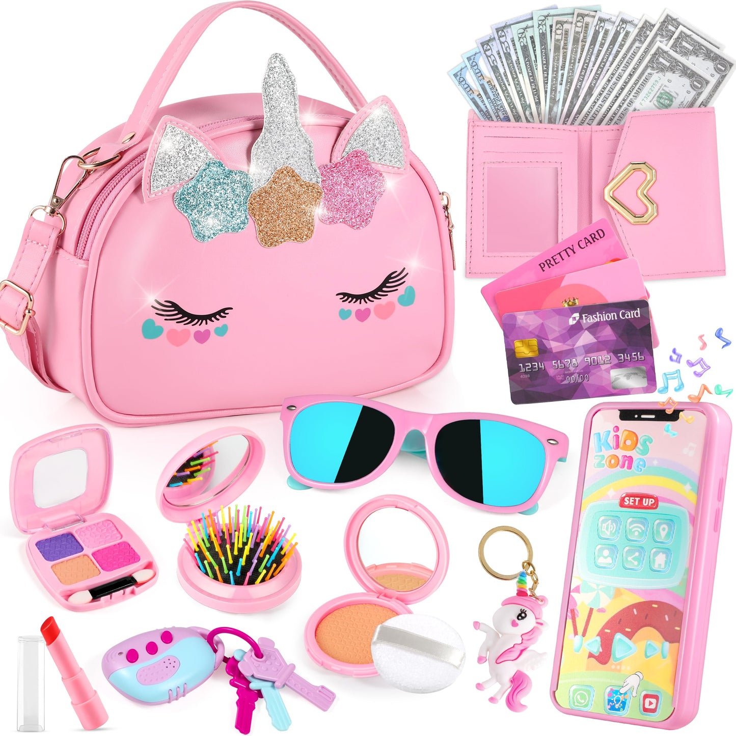Toddler Girls Purse Toys Age 3-5 4-5 6-8, Kids Unicorn Play Purse Toys For Girls, Pretend Makeup Kit, Princess Pretend Play Girl