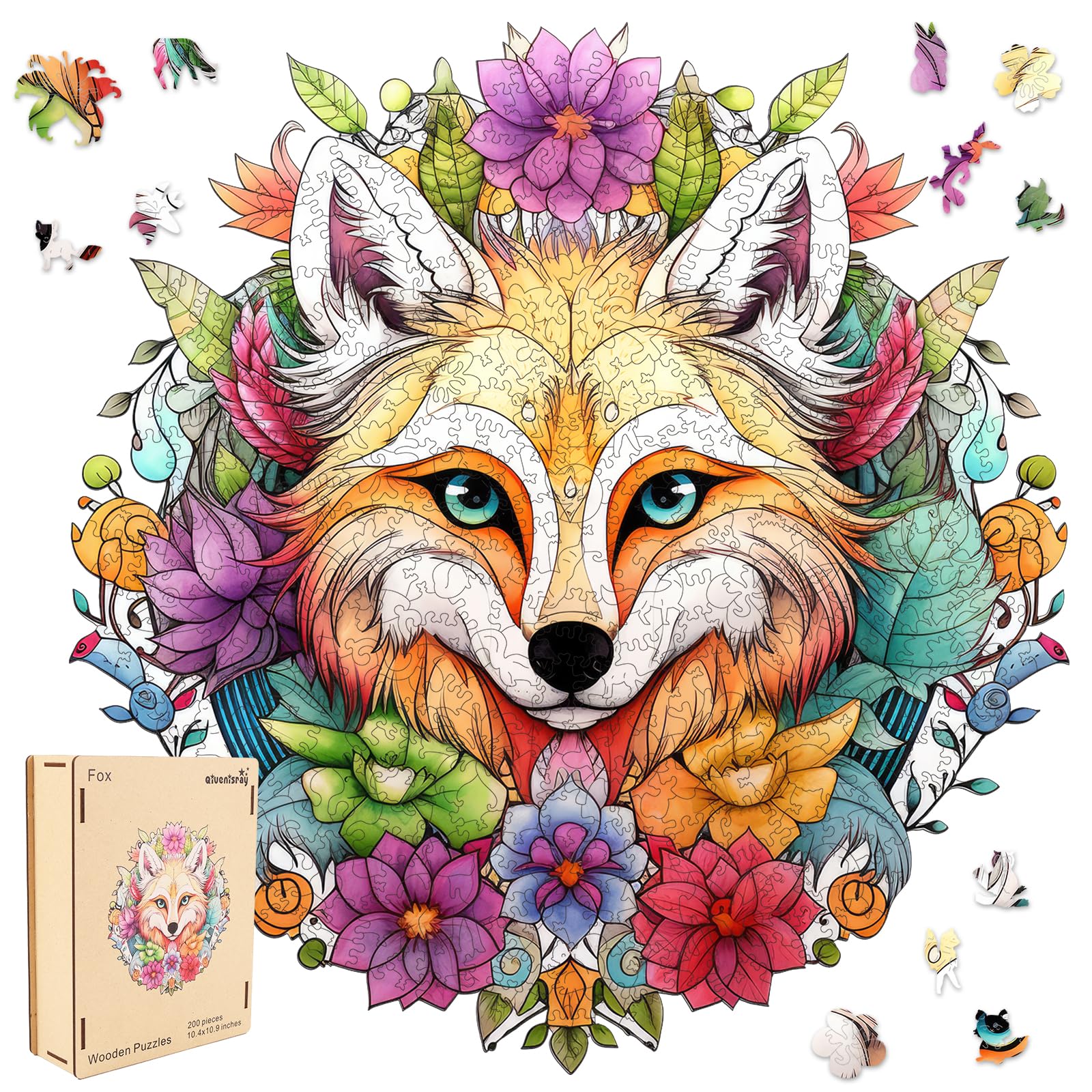 Qiuenisray Wooden Puzzles For Adults,Fox Wooden Jigsaw Puzzles 200Pcs,10.9X10.4Inch,Medium,Unique Shape Animal Adult Puzzles,Irr