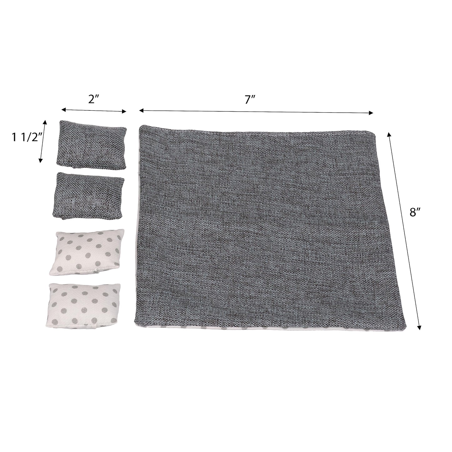 Dollhouse Bedding, 5 Piece Set With Comforter & Pillows, Blanket, Realistic Bedroom Accessories For 6 Inch Dolls, 1/12 Scale, Gray And White Linen