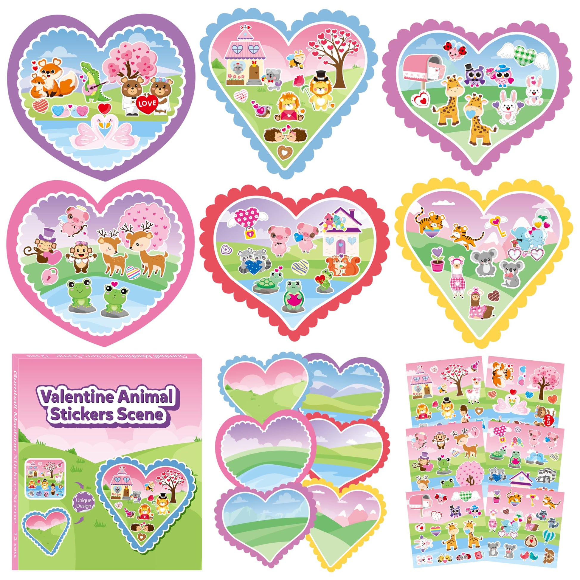 CY2SIDE Valentines Heart Stickers Scene - 12 Sets of Valentines Day Fun Animal Pig Frog Sticker Art Craft for Kids School Activi