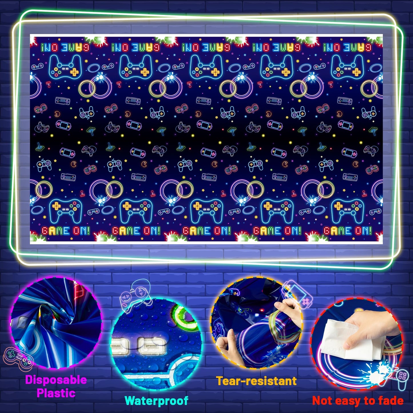 Video Game Party Tablecloths - 3Pcs Neon Video Game Birthday Party Table Covers Decorations, Game on Themed Rectangular Plastic