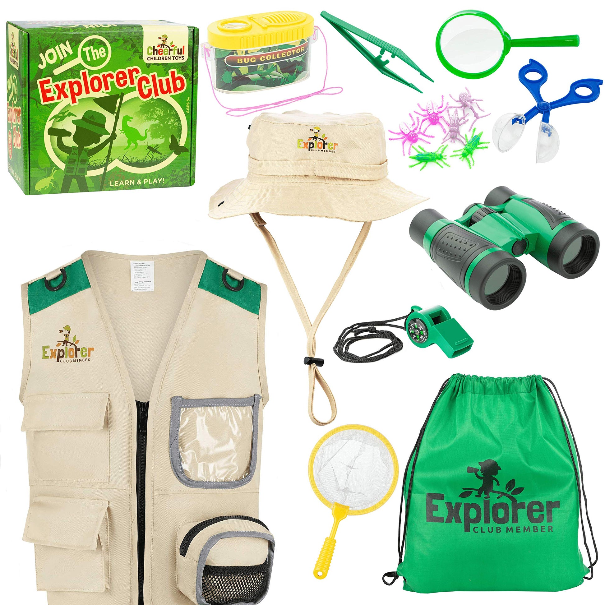 Cheerful Children Toys enhanced Quality Bug Catching Kit - 19 Pcs Kids Explorer Kit - 3-7 Kids Adventure Kit Include Safari Vest  Hat & Extra Sturdy Accessories - Ideal Educational Gift - Learn & Play