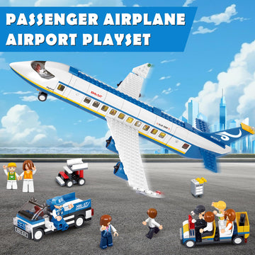 City Passenger Airplane Building Set, 4 In 1 Stem Toy With A Large Plane, Passenger Bus, Luggage Truck, Container Loader, And 7 Minifigures, Compatible With Lego Plane, Airport Gift For Boy 6+
