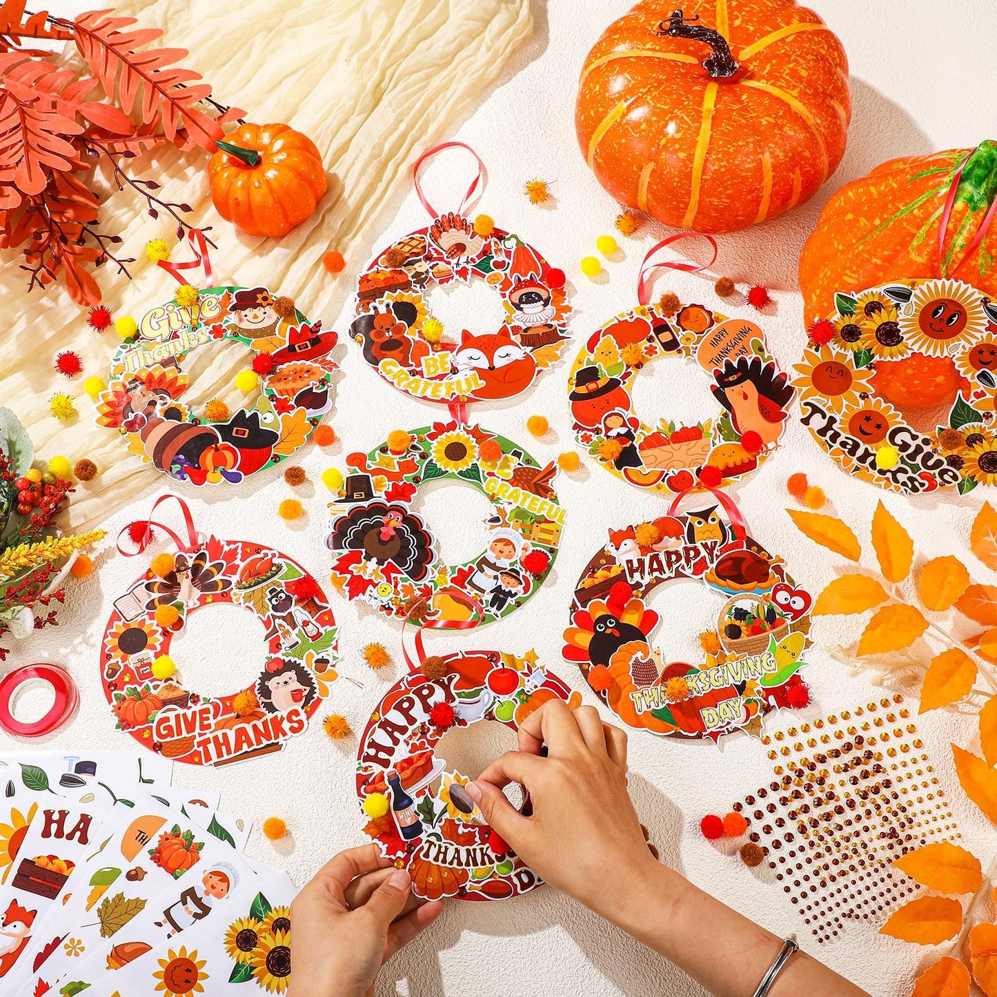 Hollowfly 48 Sets Thanksgiving Wreath Crafts DIY Give Thanks Wreath Hanging Ornaments Make Your Own Paper Grateful Crafts for Fa