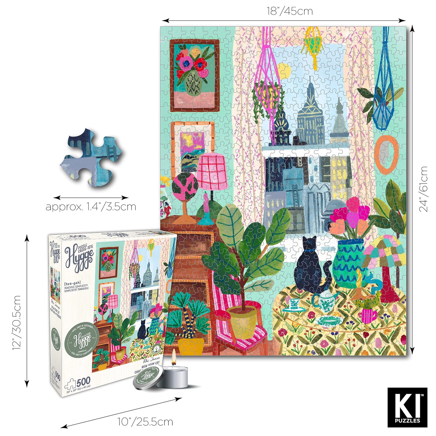 500 Piece Puzzle for mature-themeds Hygge Collection Cat in Window Rhi James Blueboard Jigsaw and Candle by KI Puzzles