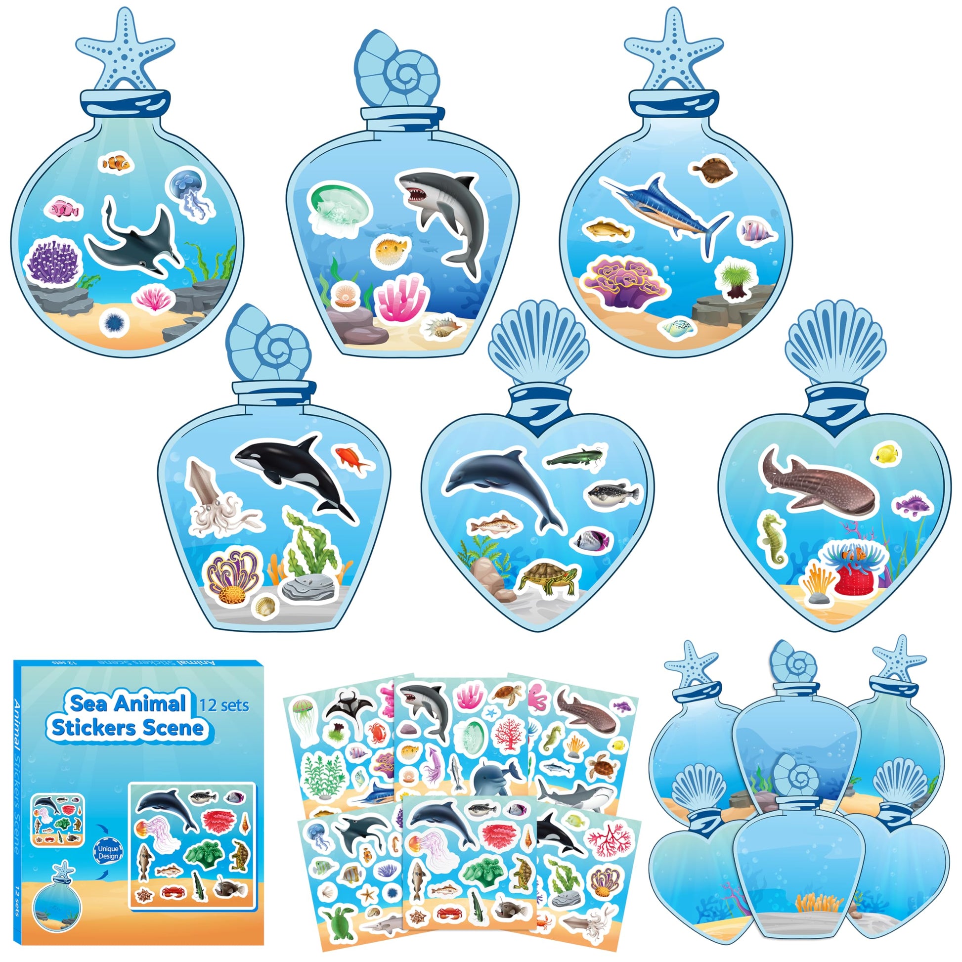 Cy2Side Sea Animal Scene Stickers - 12Pcs Under The Sea Scene Stickers Art Craft For Kids Make Your Own Ocean Animal Sticker Diy Summer Party Games For Classroom Activities For Classroom Reward