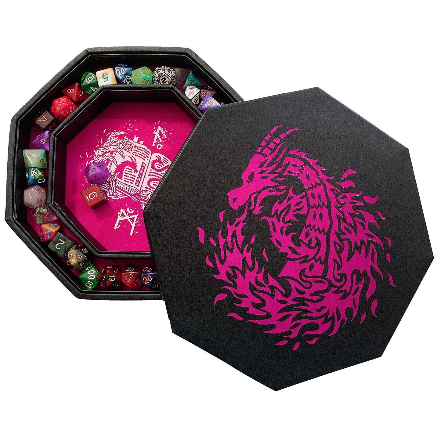 Fantasydice - PINK - Fire Dragon - Dice Tray - 8'' Octagon with Lid and Dice Staging Area- Holds 5 Sets of Dice(7 / Standard) fo