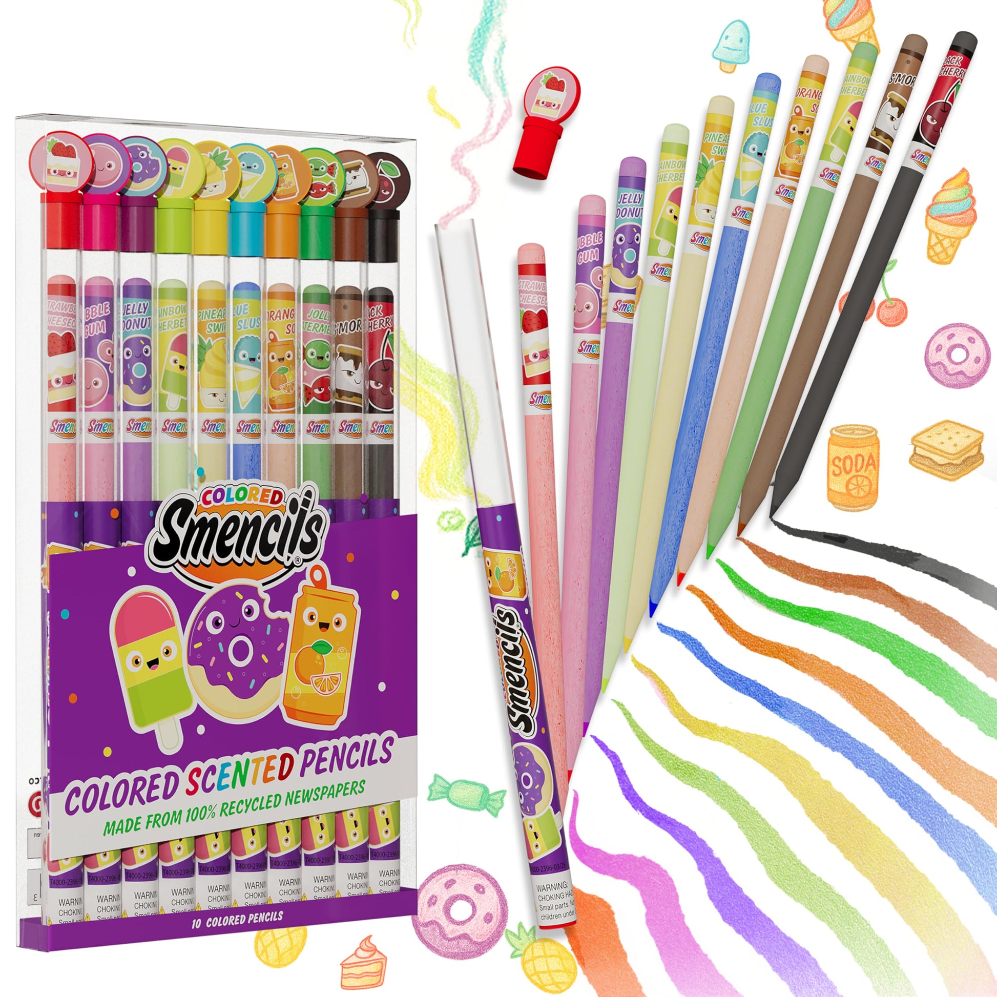 Colored Smencils - Patented Gourmet Scented Colored Pencils made from Recycled Newspapers, 10 Count, Gifts for Kids, School Supp