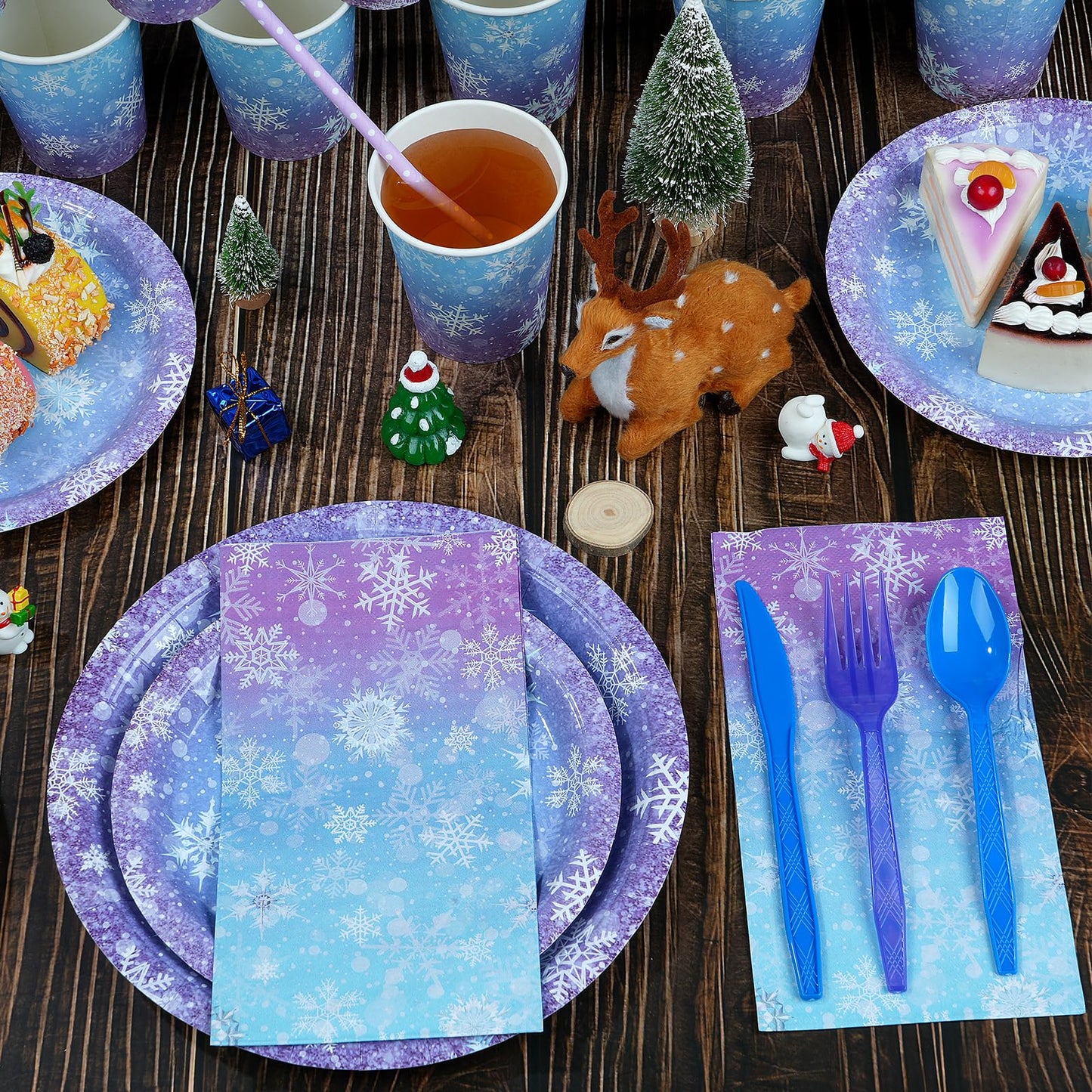 Winter Snowflake Paper Plates and Napkins Set, Blue and Purple Snowflake Winter Wonderland Disposable Tableware for Christmas Wi
