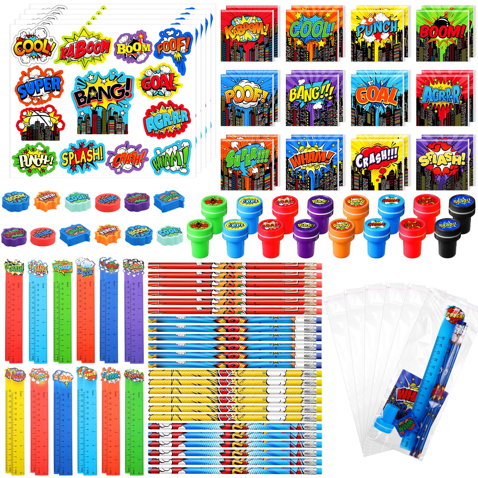 Cholemy 168 Pcs Hero Party Favor Set Include Hero Birthday Mini Notebook Hero Theme Sticker Pencil Stamper Ruler Eraser for Hero