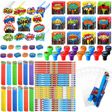 Cholemy 168 Pcs Hero Party Favor Set Include Hero Birthday Mini Notebook Hero Theme Sticker Pencil Stamper Ruler Eraser for Hero