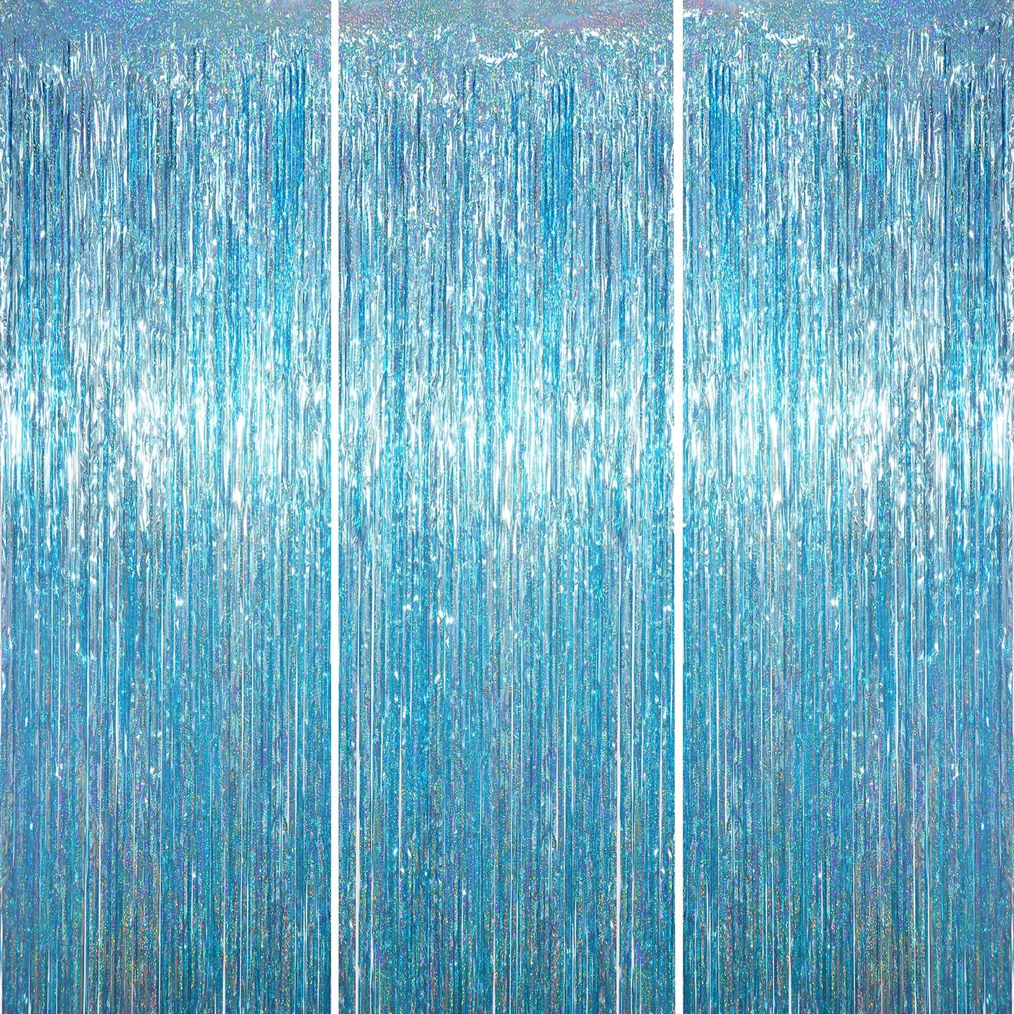 Voircoloria 3 Pack 3.3 x 6.6 ft Light Blue Foil Fringe Backdrop Curtains, Tinsel Streamers Party Decorations, Fringe Backdrop fo