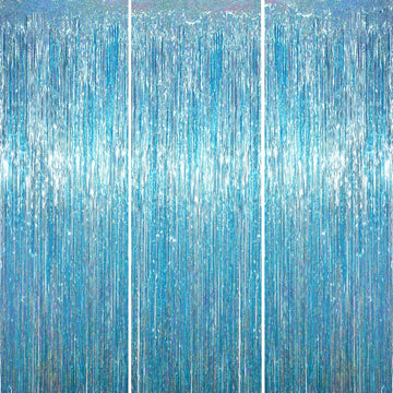 Voircoloria 3 Pack 3.3 x 6.6 ft Light Blue Foil Fringe Backdrop Curtains, Tinsel Streamers Party Decorations, Fringe Backdrop fo