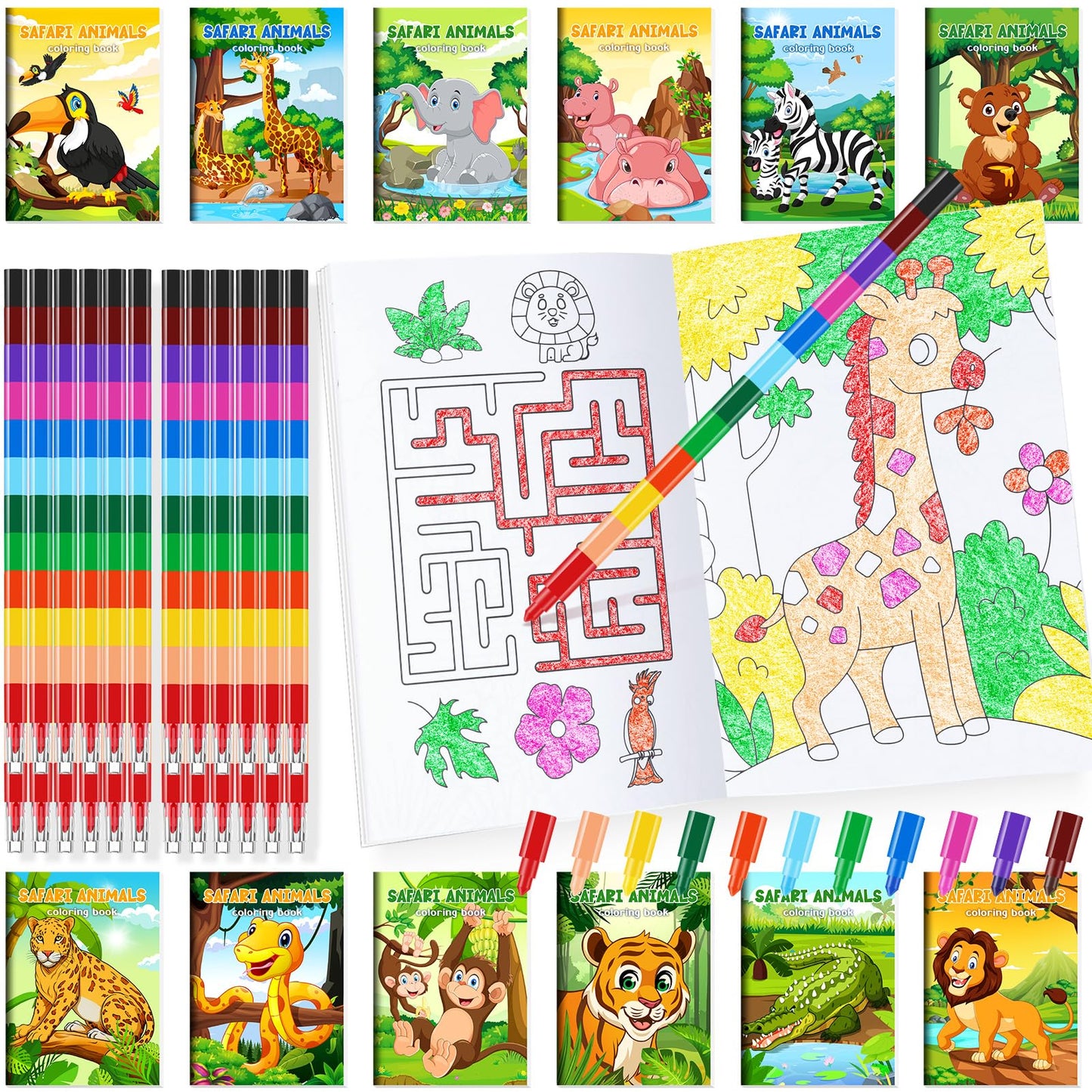 Ben Louis 24 Pcs Jungle Safari Animals Coloring Books Party Favors With 24 Crayons Safari Zoo Lion Party Mini Activity Books Bul