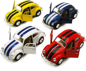 Set of 4 Cars: 5'' Classic 1967 Volkswagen Beetle with Racing Stripes 1:32 Scale (Blue/Red/White/Yellow)