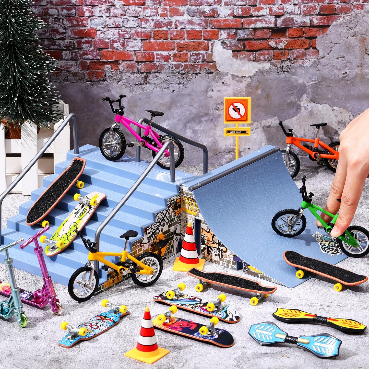 Skylety 31 Pieces Mini Finger Toys Set For Boy Girl Includes 6 Finger Skateboards, 4 Finger Bikes, 2 Mini Scooters 4 Swing Board 8 Matched Wheels 7 Tool Accessories Educational Toy Party Favor(Fun)