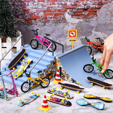 Skylety 31 Pieces Mini Finger Toys Set For Boy Girl Includes 6 Finger Skateboards, 4 Finger Bikes, 2 Mini Scooters 4 Swing Board 8 Matched Wheels 7 Tool Accessories Educational Toy Party Favor(Fun)