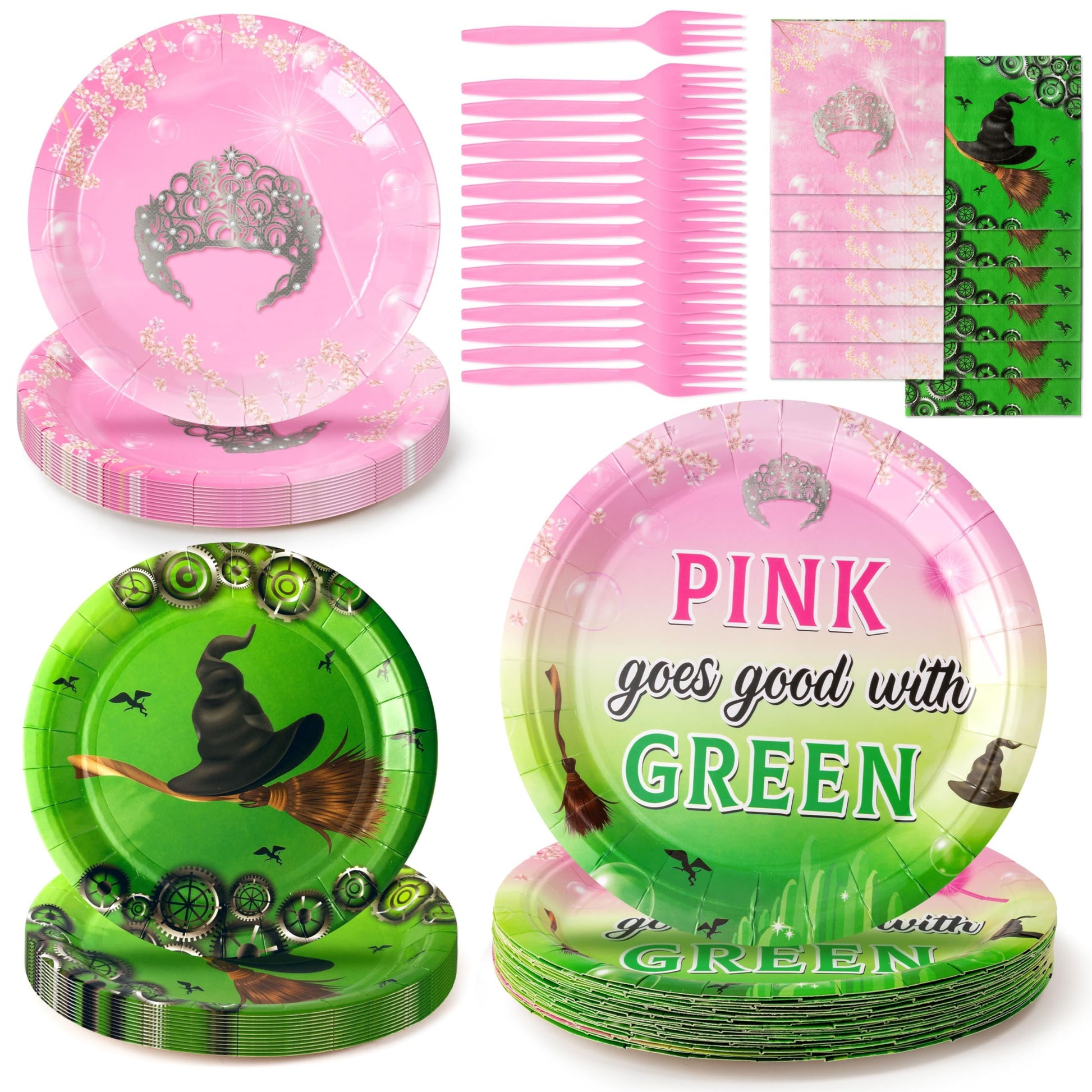 BOpusail 96Pcs Halloween Green Witch and Princess Pink Crowns Party Tableware Set Party Supplies for Kids Party Serves Guests Di