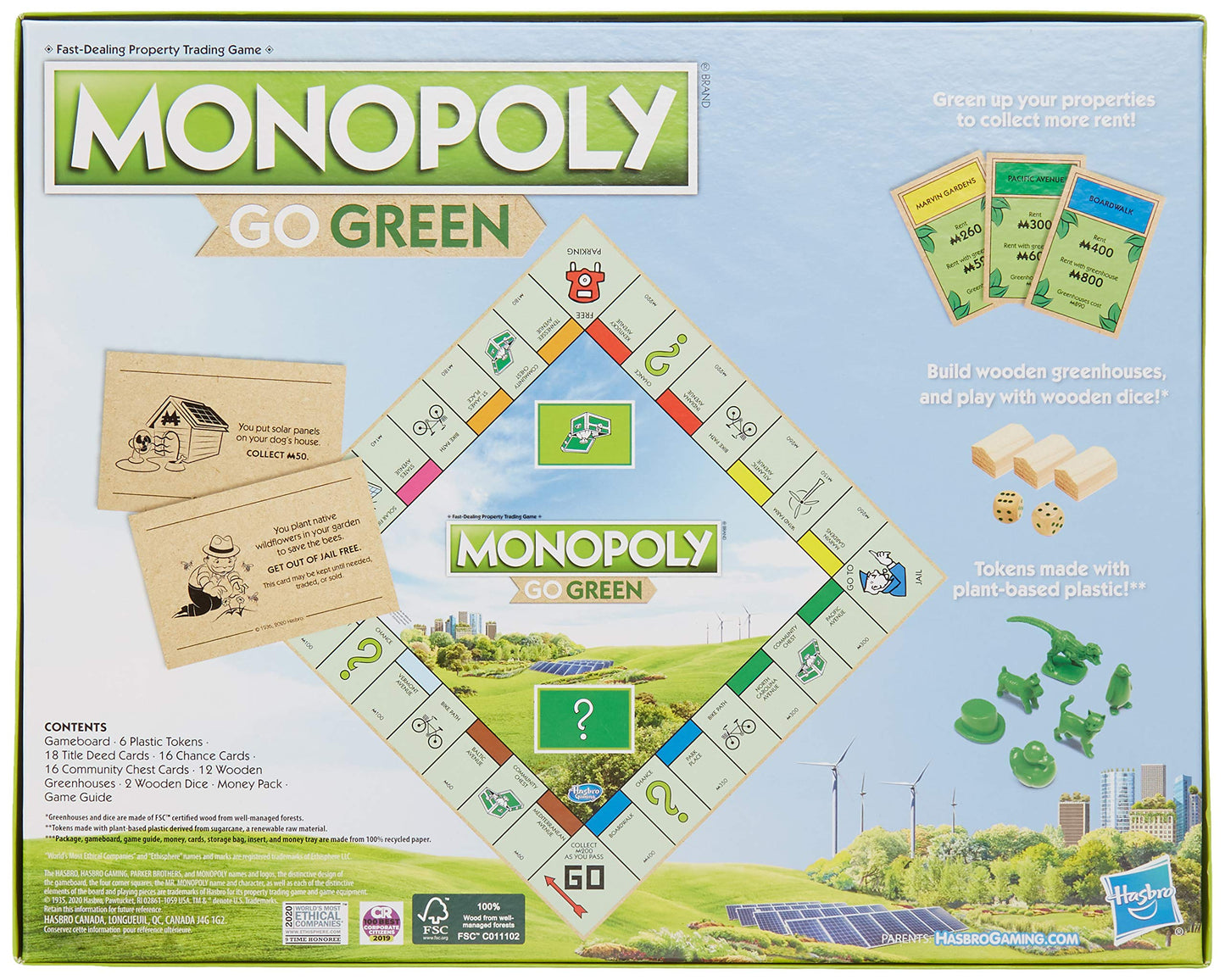 Hasbro Gaming Monopoly: Go Green Edition Board Game | Made With 100% Recycled Paper Parts And Plant-Based Plastic Tokens | Family Board Games | Ages 8 And Up