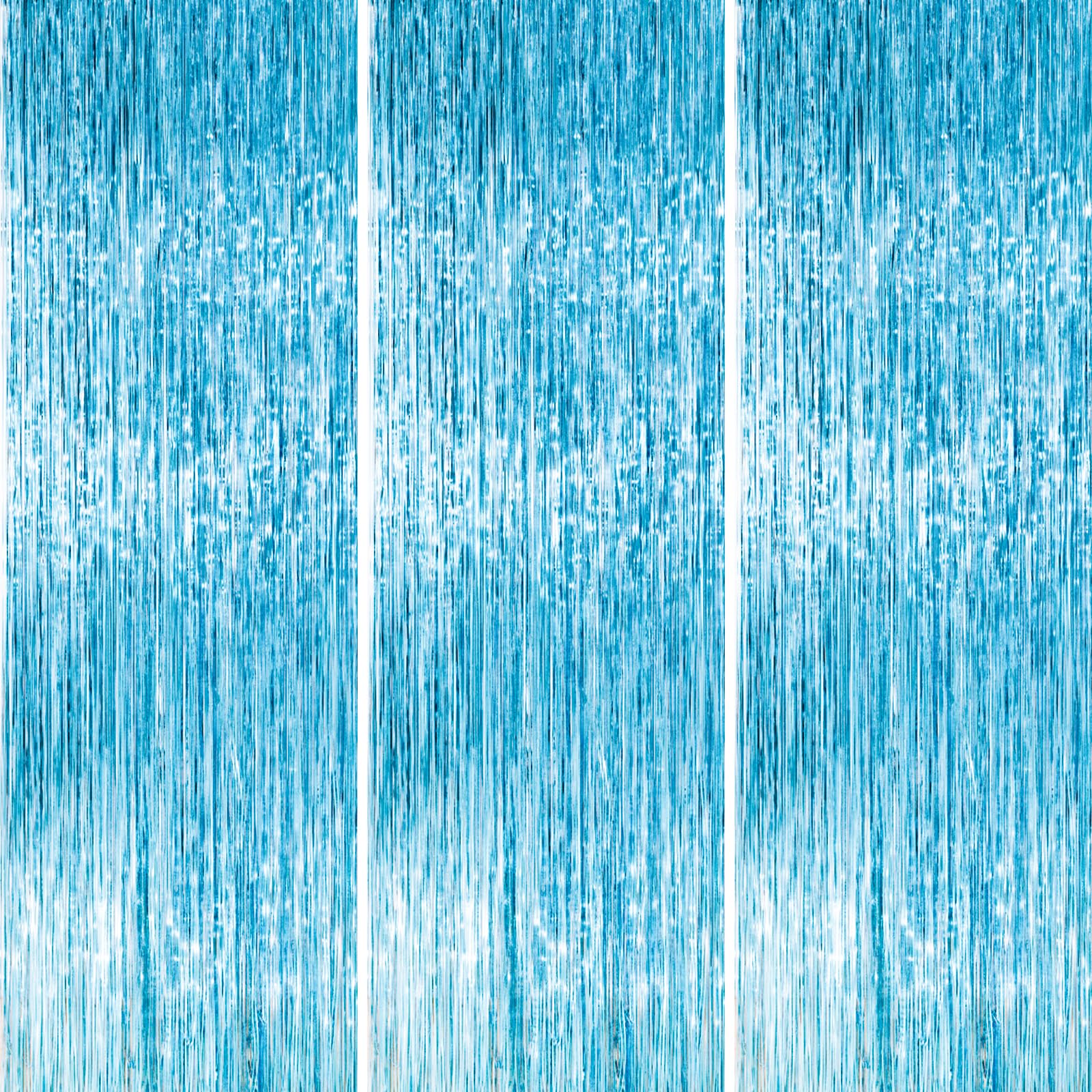 PartyWoo Light Blue Streamers Backdrop 3pcs Baby Blue Foil Fringe Streamer Curtain 8.2FT Tinsel Backdrop for Birthday Gender Rev