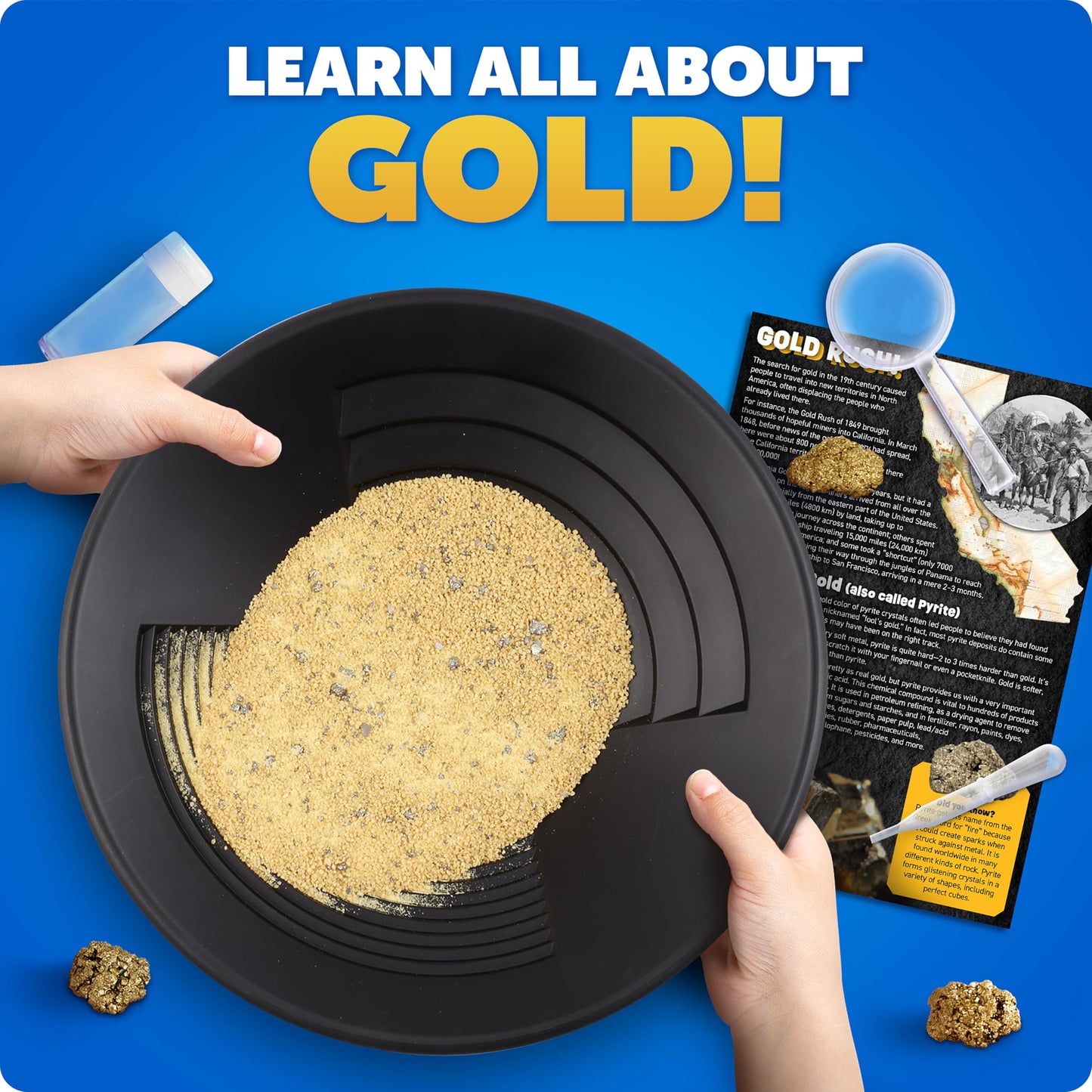 Blue Marble Gold Panning Kit For Kids - Kids Gold Mining Kit, Learn To Pan For Gold, Includes Pay Dirt With Real Pyrite Specimen