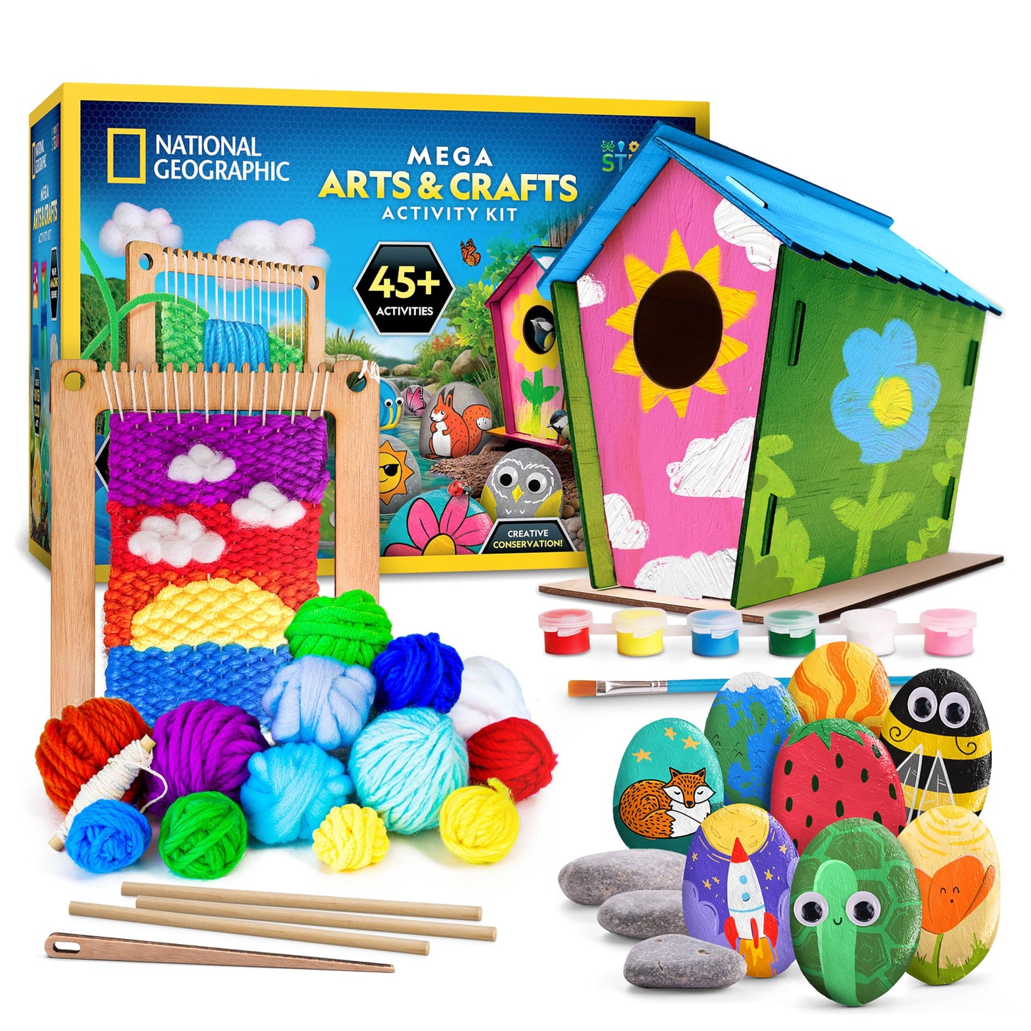NATIONAL GEOGRAPHIC Mega Arts & Crafts Activity Kit - 3 Craft Kits in 1 to Build, Paint, Weave & Create, River Rock Painting Kit