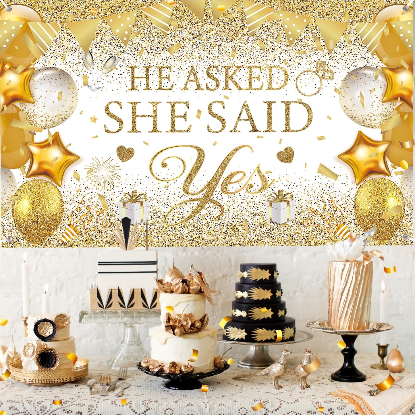 Gold Engagement Party Decorations White Gold Engagement Banner Backdrop He Asked She Said Yes Banner Decorations Wedding Banner