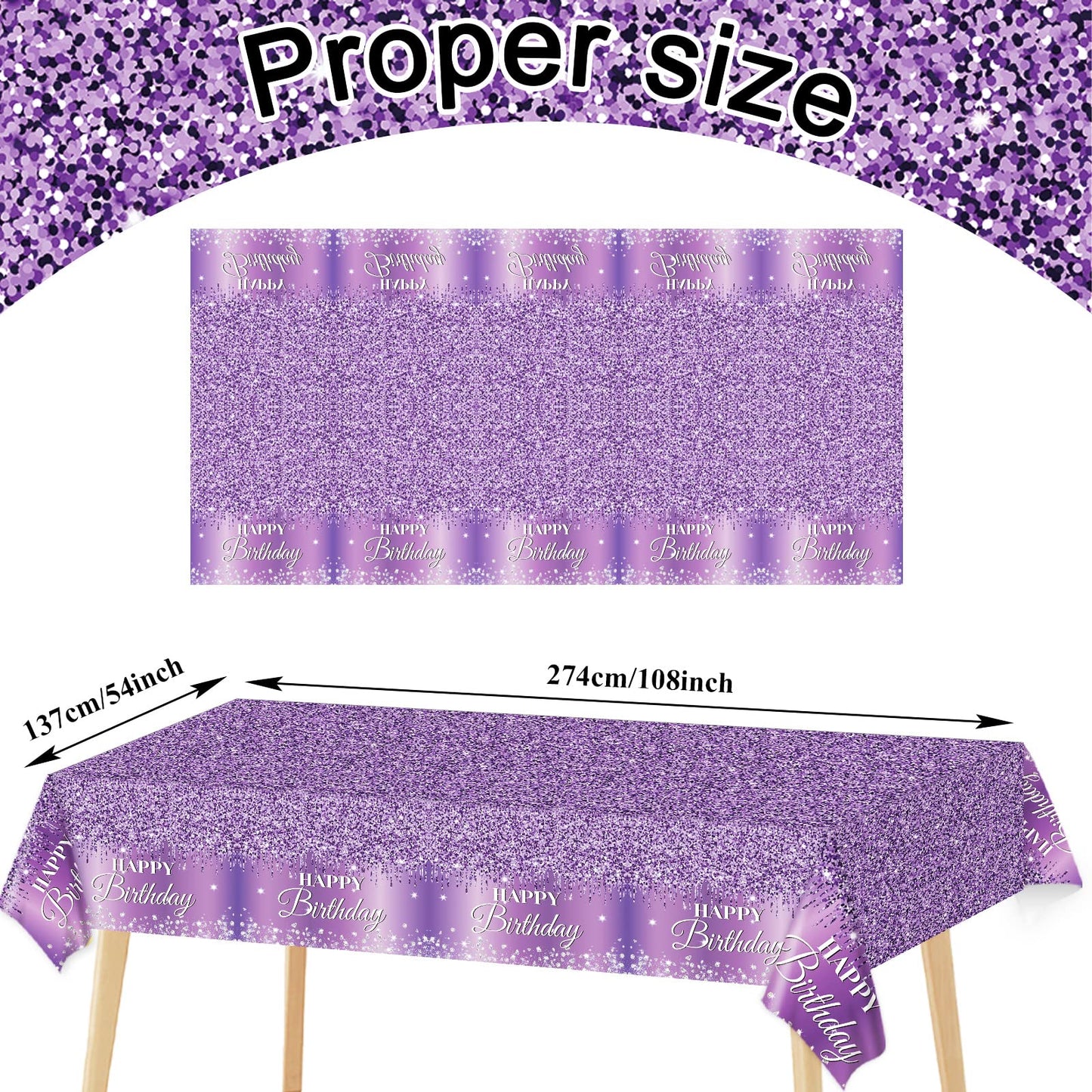 3 Pieces Purple Silver Birthday Tablecloths For Happy Birthday Party Decorations Plastic Disposable Purple Birthday Theme Table Covers For Girls Women Silver Glitter Birthday Party Supplies 54X108Inch