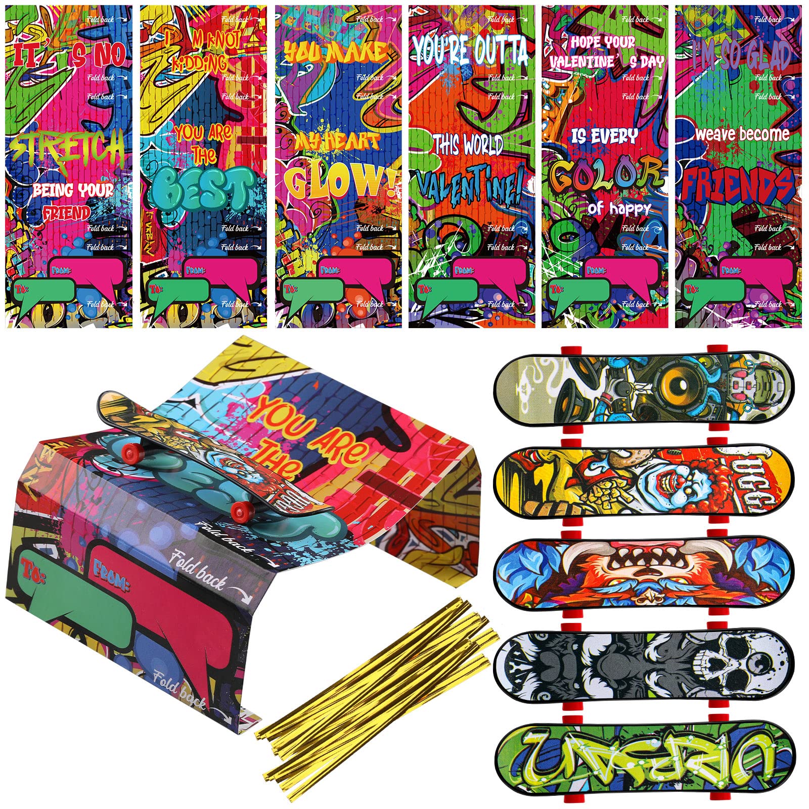 36 Pcs Finger Skateboards With Greeting Cards For Valentines Day Set, Finger Board Assorted Mini Skateboards Valentine Classroom