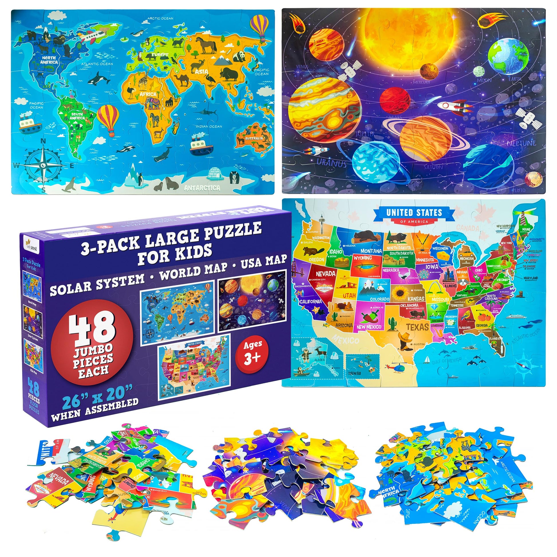Only Zest Educational Floor Puzzles 3 Pack - World Map Puzzles for Kids Ages 4-8, United States Puzzle & Solar System Set, 48 Ju