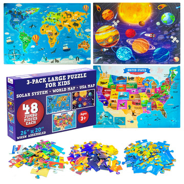 Only Zest Educational Floor Puzzles 3 Pack - World Map Puzzles for Kids Ages 4-8, United States Puzzle & Solar System Set, 48 Ju