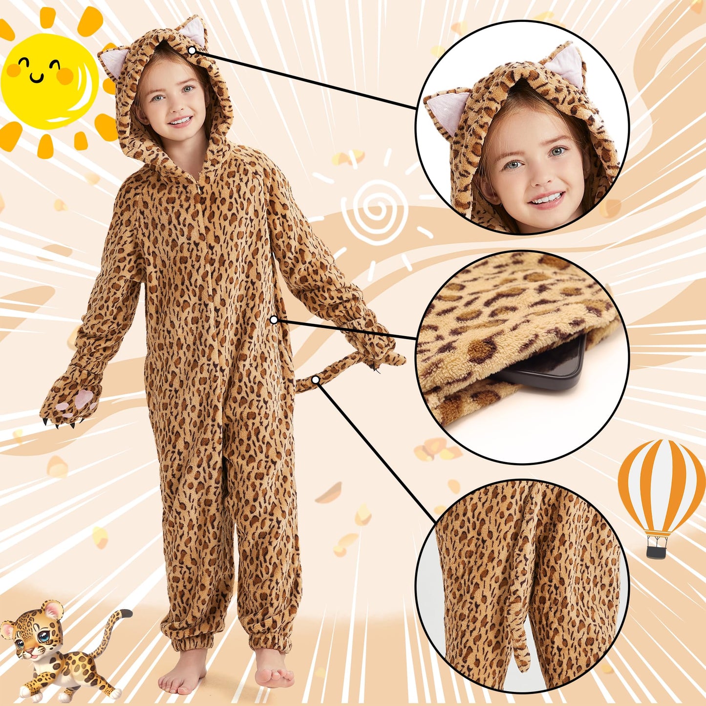 Ezuwail Cheetah Costume Kids Leopard Costume Gloves Mask Cheetah Onesie Bodysuit Cosplay for Girls Boys