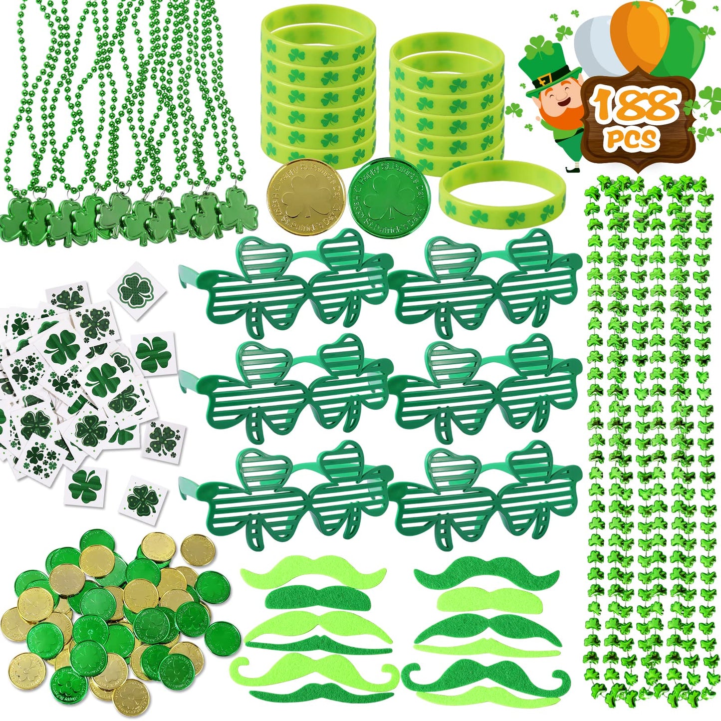 Max Fun 188Pcs St Patricks Day Accessories Party Favors Set Decorations Kids Saint Patricks Day Irish Decor, Green Beads Shamrock For Parades Supplies