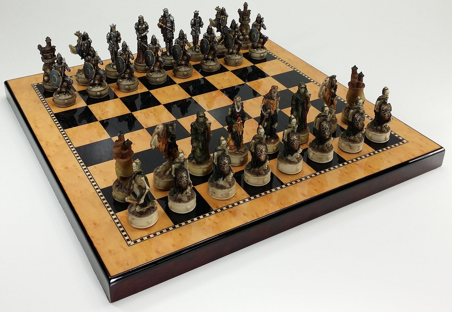 Skeleton Slayer Gothic Skull Chess Set W/High Gloss Dark Walnut & Birdseye Maple Color Board