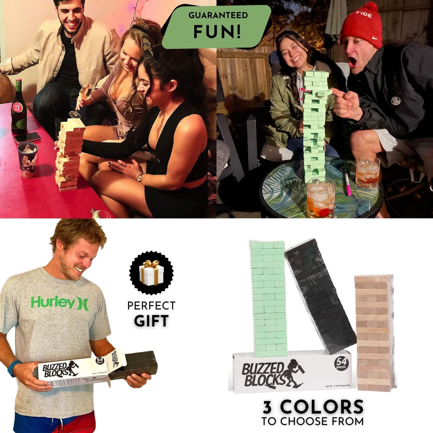 Buzzed Blocks mature-themed Drinking Game - 54 Blocks with Hilarious Commands and Games on 40 of Them | Perfect Pregame Entertaining Party Starter Game | Novelty Funny Gift (Black)