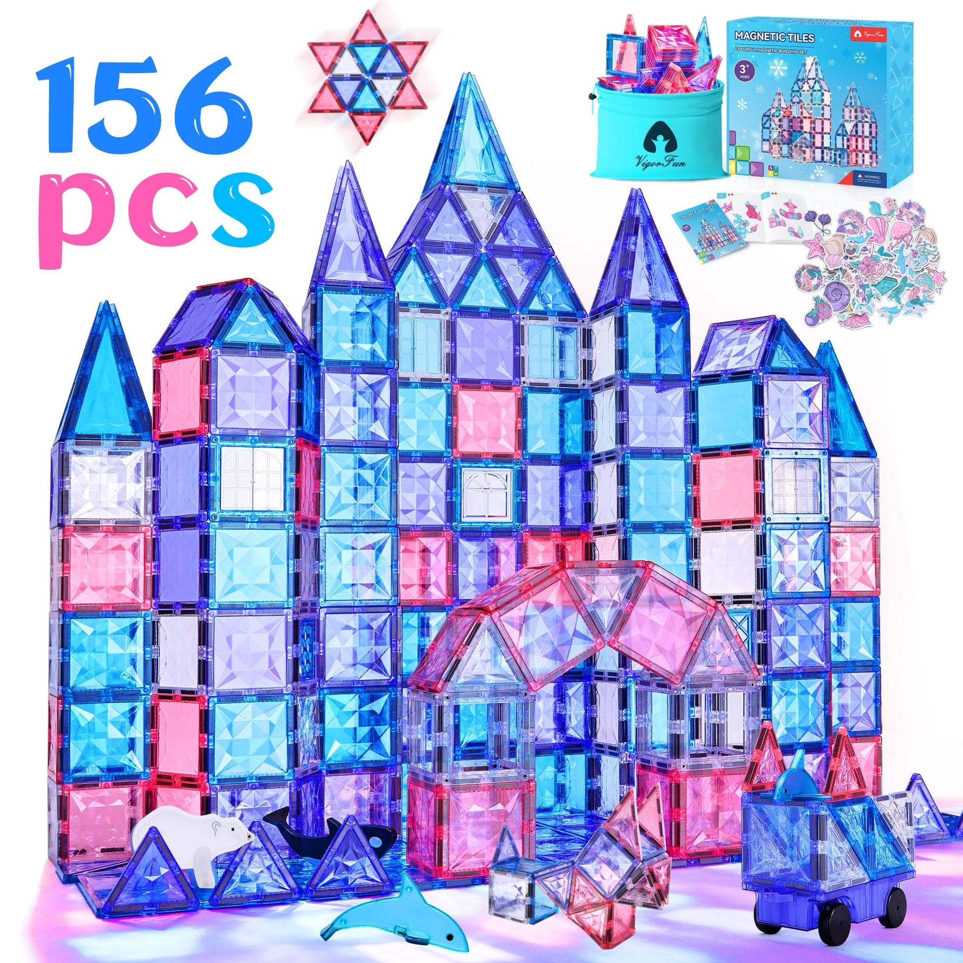 Magnetic Tiles Set, Frozen Magnet Building Blocks With Car Animal Models And Stickers, Construction Educational Stem Sensory Toy