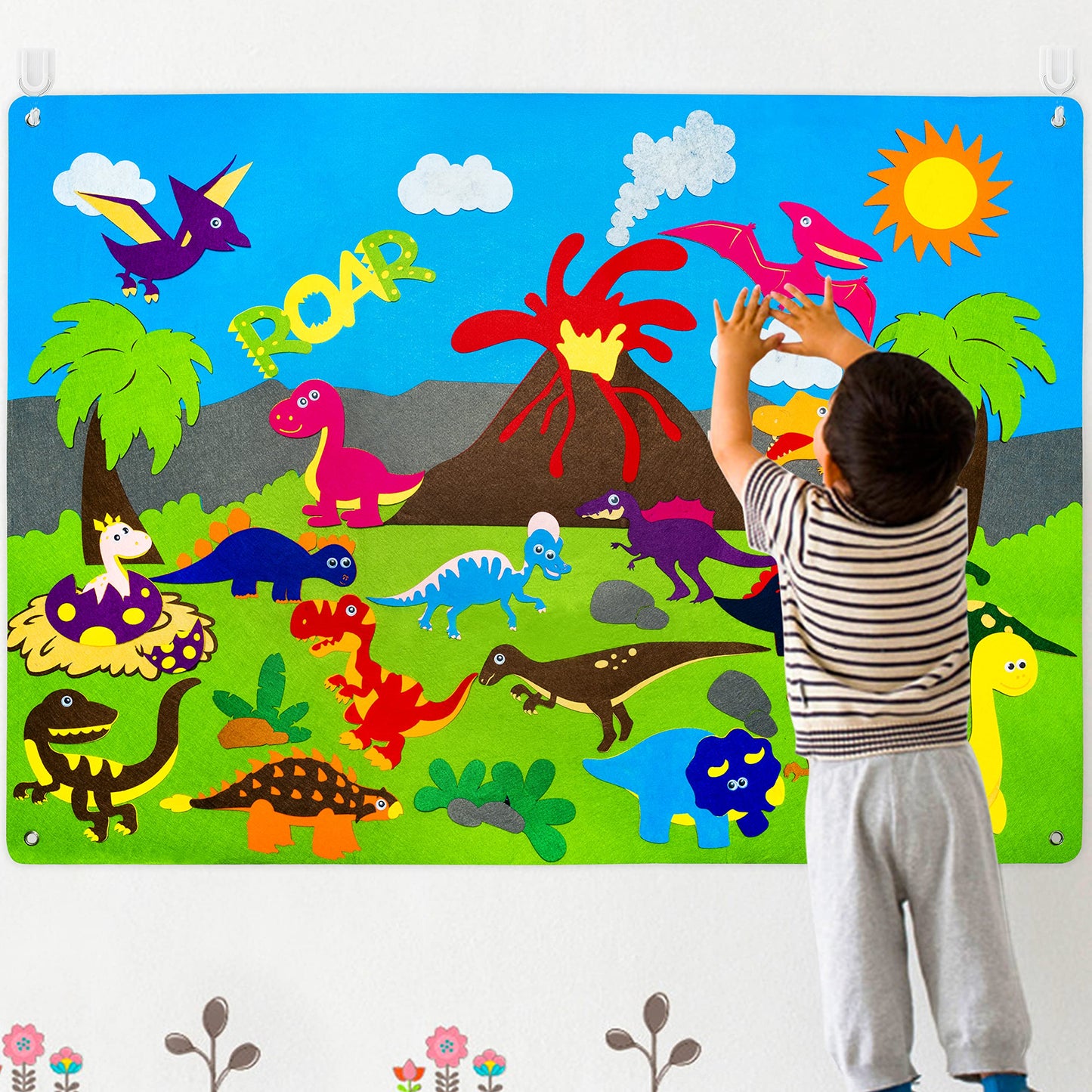 WATINC Dinosaur Felt-Board Stories Set 3.5Ft 37Pcs Preschool Dinosaurs Classification Storytelling Flannel Roar Volcano Ancient 