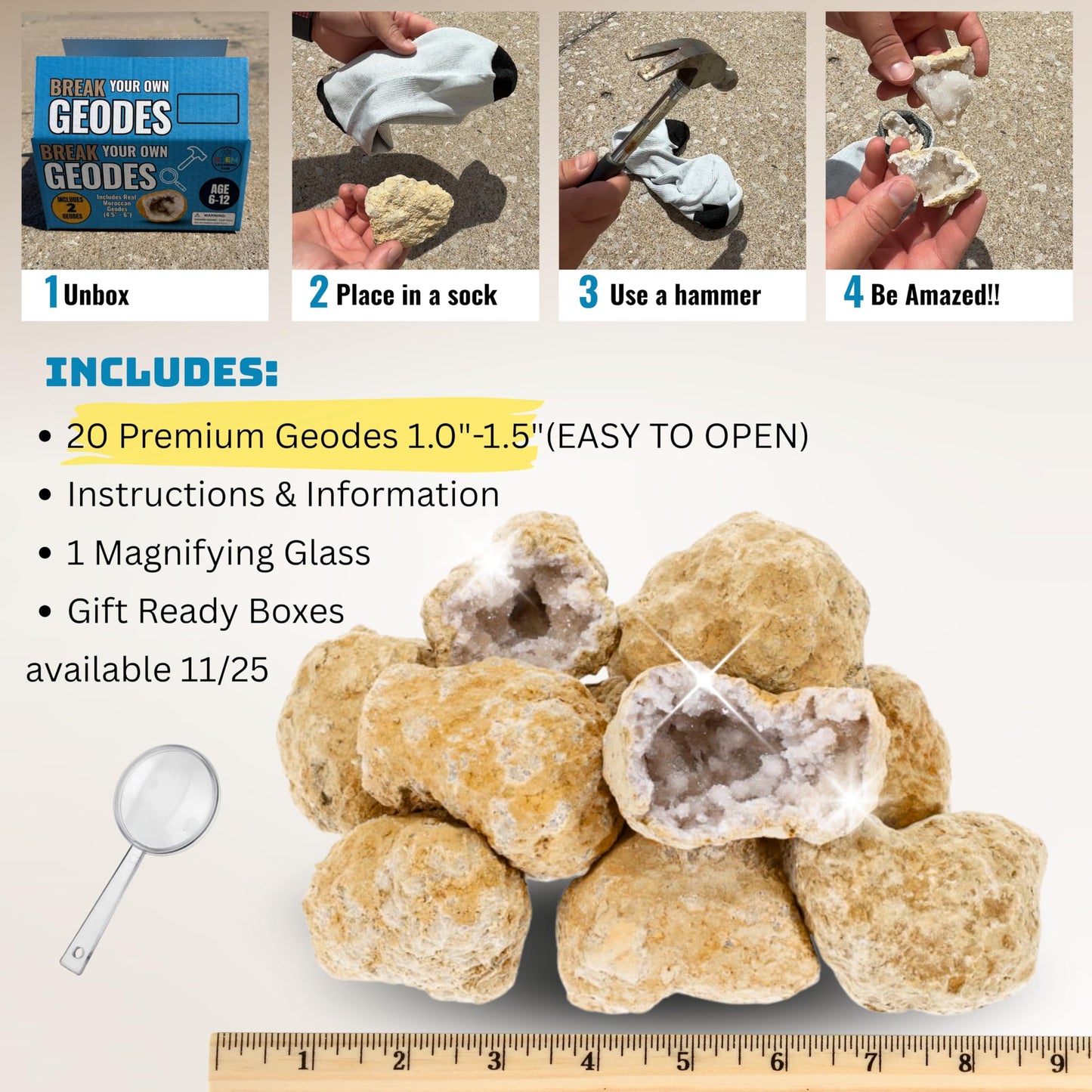 TruEnergy 20 Break Your Own Geode Kit - Natural Premium Geodes, Easy Crack-Open Experience, Small Size (1.0"-1.5"), STEM Activity