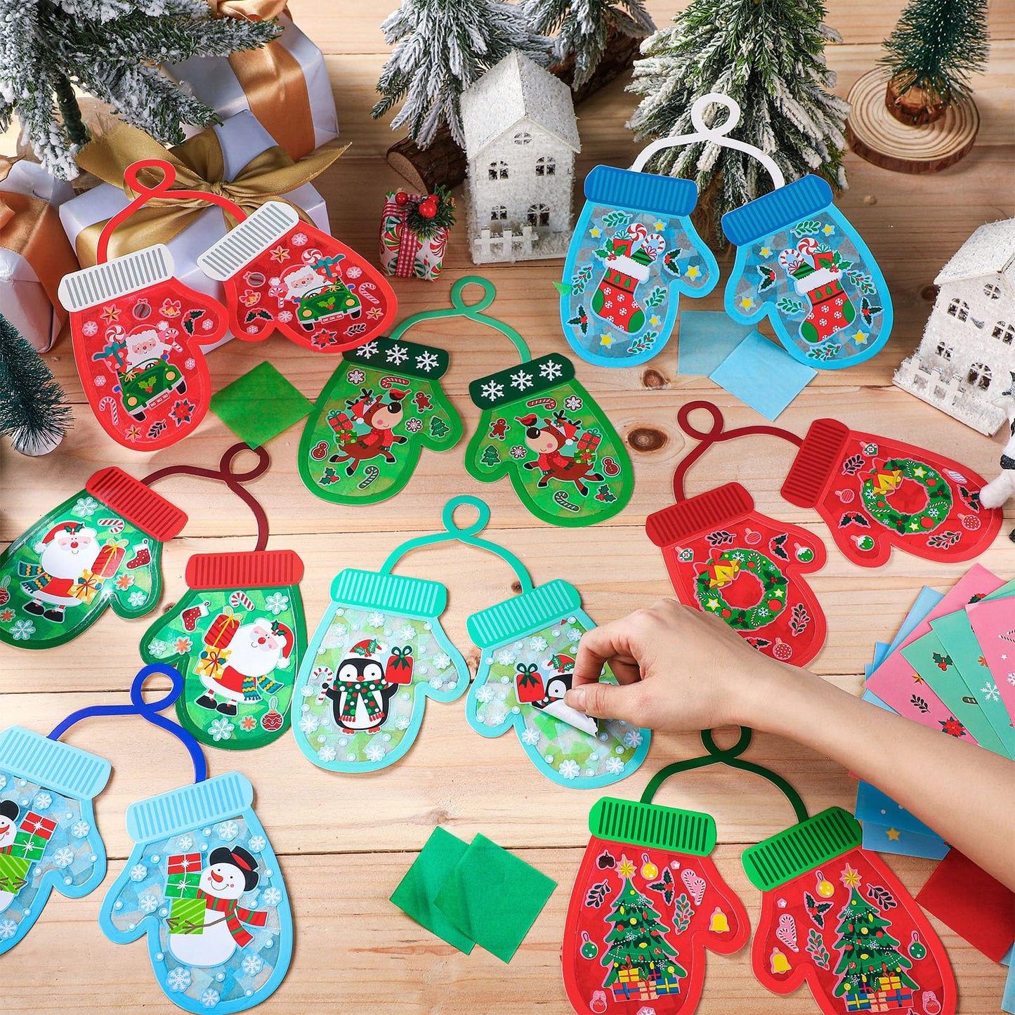 DoubleFill 48 Pcs Winter Gloves Suncatchers Craft Kits Ornaments DIY Stained Glass Effect Tissue Paper Kits Bulk for Window Deco