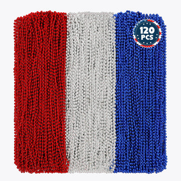 Huskein 120 Pcs 4Th Of July Necklace, 33'' Red Silver Blue Metallic Beaded Necklaces, Independence Day Party Accessories Patriot