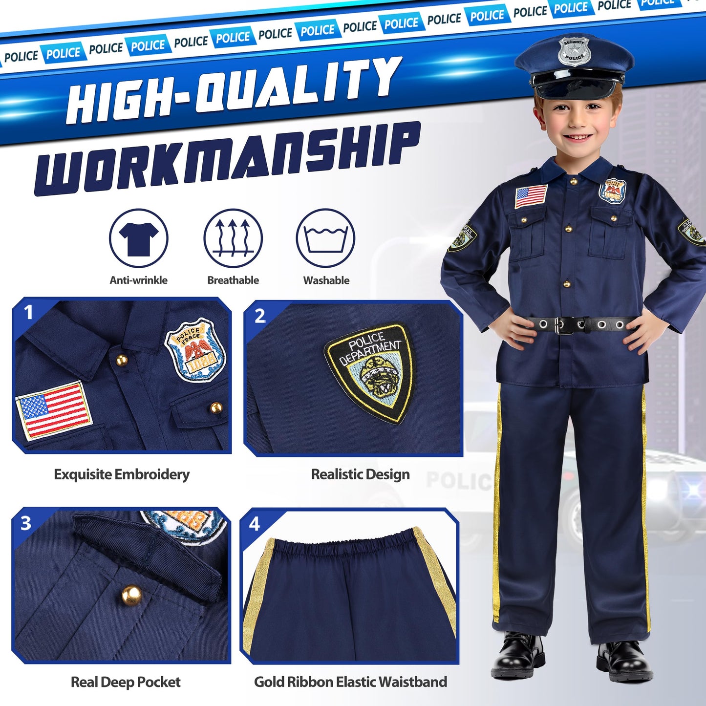 Joycover Police Officer Costume For Kids - Police Uniform For Kids, Kids Halloween Costumes For Boys Girls, Toddler Dress Up, Co