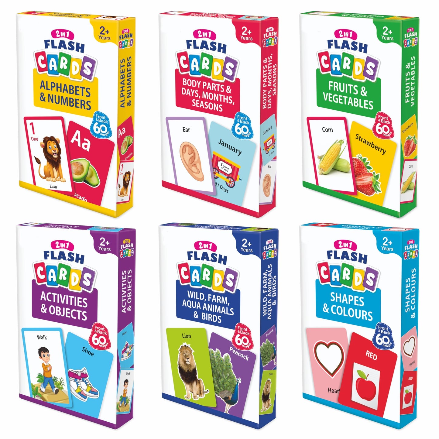 Yuiop  2 In 1 Flash Cards  180 Cards Front & Back  Enhance Memory  Screen Free Alternative  Kids Educational (Pack Of 6)