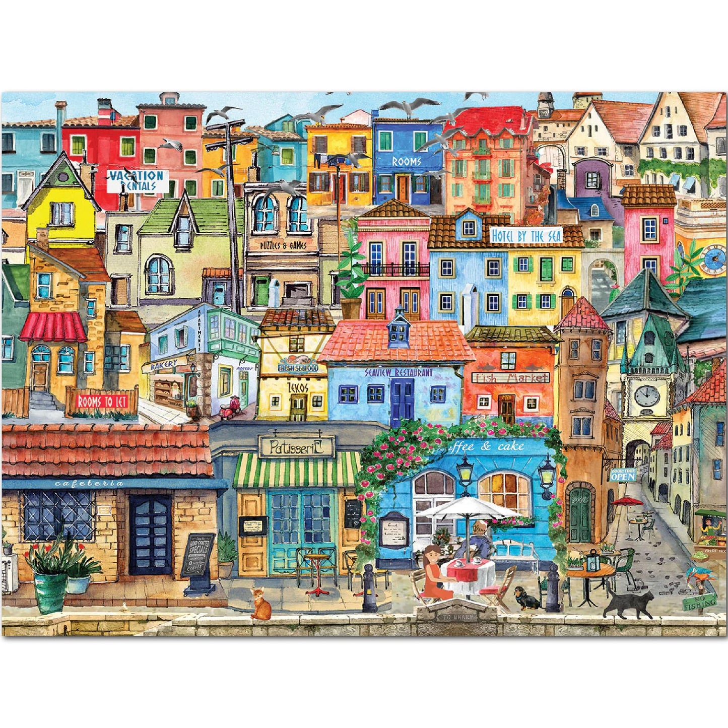 White Mountain 500 Piece Jigsaw Puzzle - Seaside Village, Italy, Engineered Wood, Blue & White, Model 1776pz