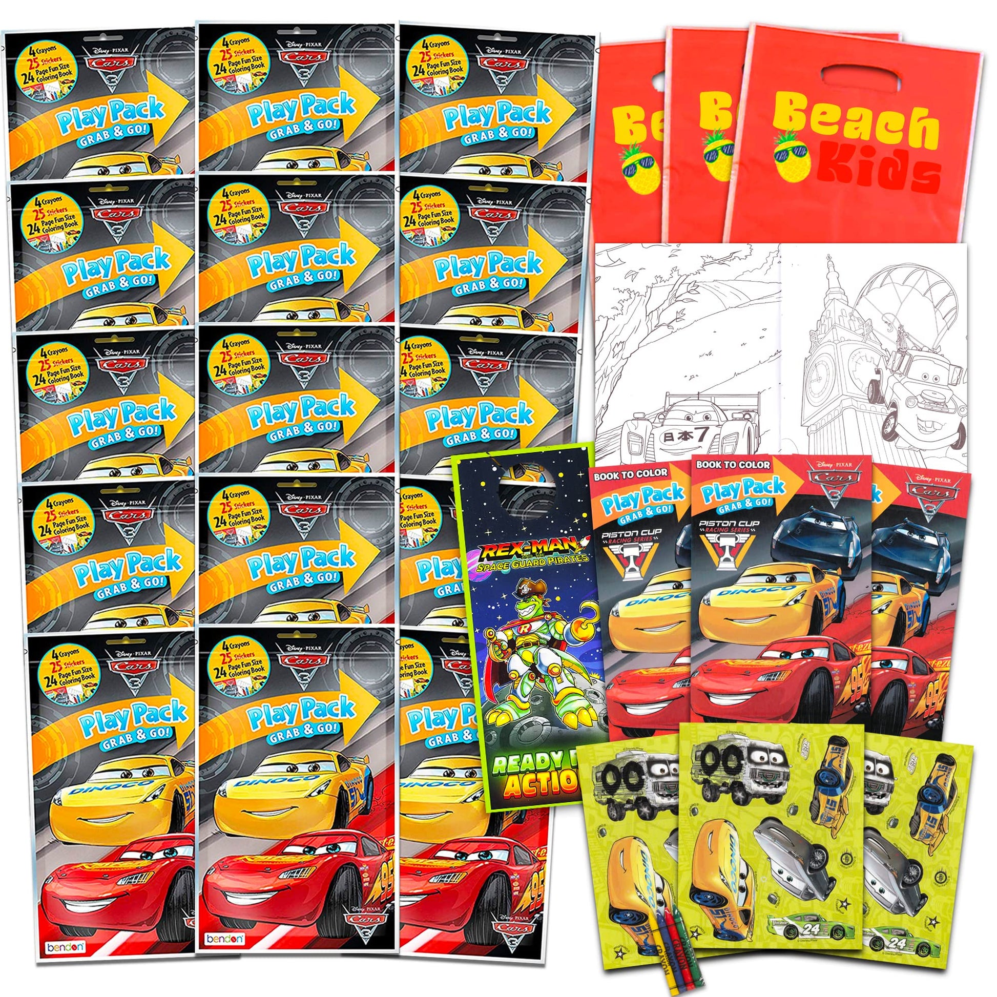 Set of 15 Kids Play Packs Fun Party Favors Coloring Book Crayons Stickers and Loot Bags (Disney Cars)