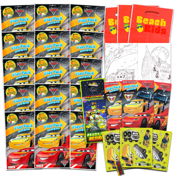 Set of 15 Kids Play Packs Fun Party Favors Coloring Book Crayons Stickers and Loot Bags (Disney Cars)