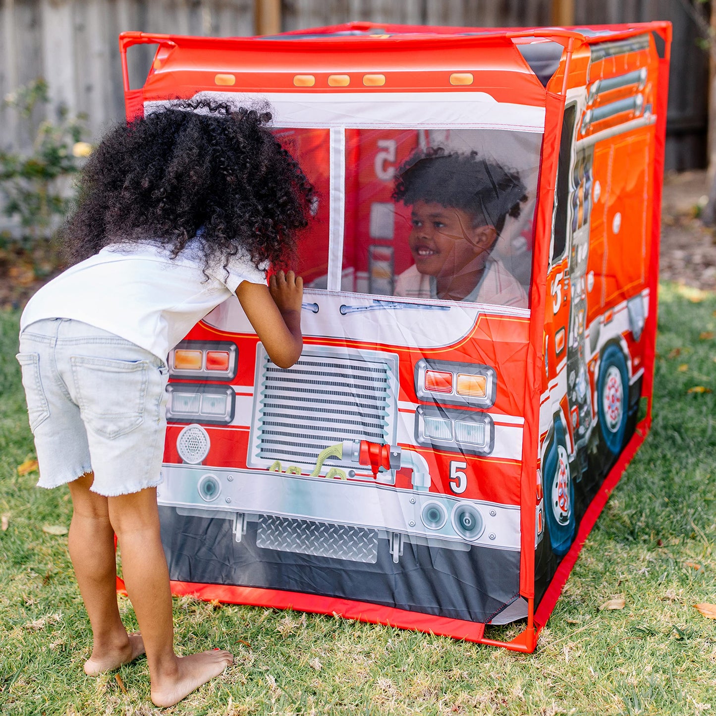 Melissa & Doug Fire Truck Play Tent - Role Play Firefighter Tent for Kids 3+, Multi-color, Model 32102, Durable Wood Construction