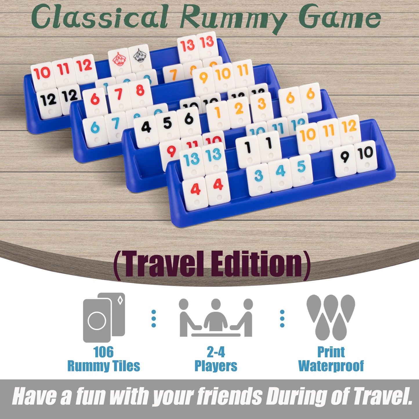 Doublefan Rummy Set Travel Size Rummy Game with Portable Bag  Mini Rummy Cube Game for mature-themed and Kids 106 Tiles  4 Playing Rack  1 Dice (2-4 Players)