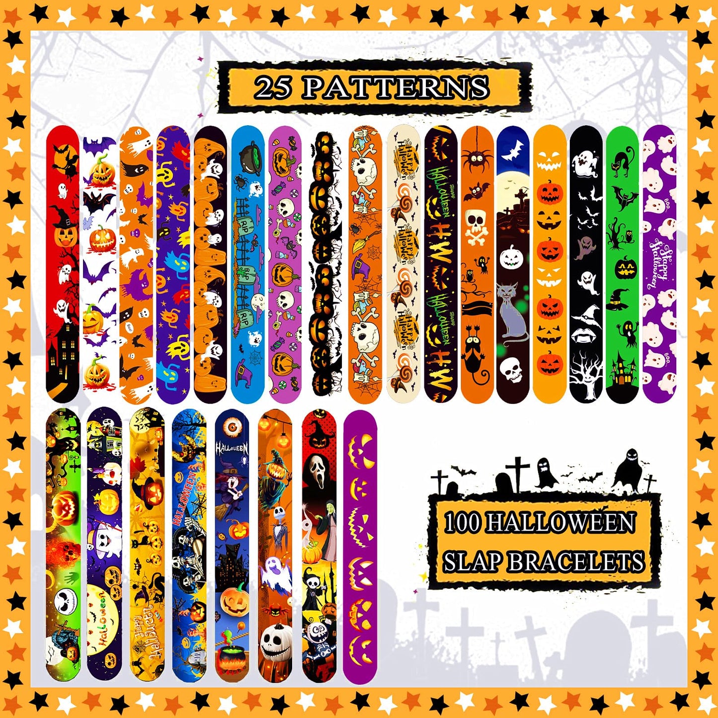 Halloween Slap Bracelets for Kids, 100 Halloween Bracelet Toys Bulk For Kids Girls Boys, Trick or Treat Party Favors, Exchanging